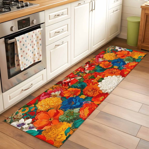 Boho Floral Runner Rug Non Slip 2x6 Marigold Dahlia Orange Yellow Blue Botanical Washable Rug Runner for Hallways Low Pile Kitchen Rugs Ultra-Thin Stain Resist Carpet for Bathroom Bedroom Entryway