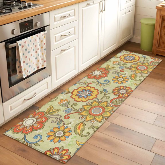 Boho Floral Runner Rugs 2x6 ft Yellow Orange Flower Leaf Abstract Yellow Washable Hallway Rugs Non-Slip Floor Mats Absorbent Carpet Bedside Runners for Bedroom Kitchen Bathroom Laundry Room