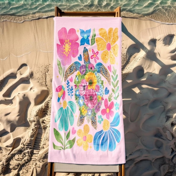 Boho Floral Sea Turtle Beach Towel,Aesthetic Summer Towel,Soft Coastal Vibes,Ocean Inspired Bohemian Beach Gift for Her, Hello Summer