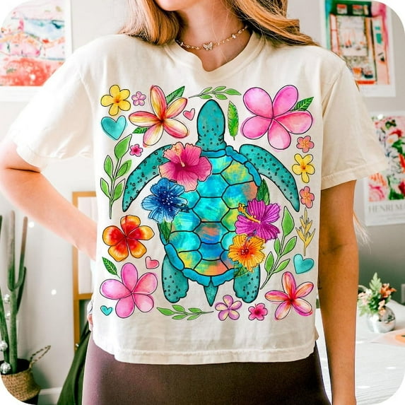 Boho Floral Sea Turtle T-Shirt, Summer Tee, Brushstroke Turtle Shirt, Beach T-Shirt, Turtle Graphic Tee, Nautical Sublimation Shirt, Fisherman Aesthetic Tee