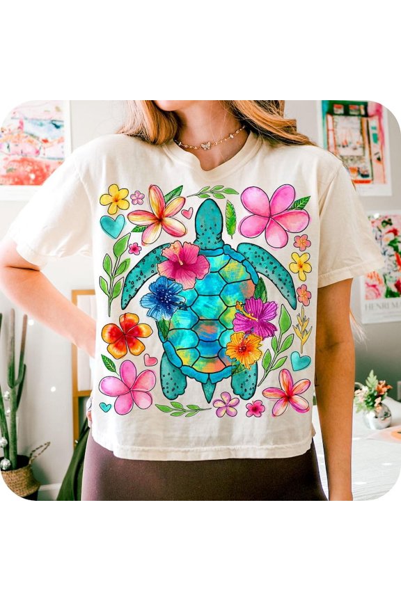 Boho Floral Sea Turtle T-shirt, Summer Shirt, Brushstroke Turtle Shirt, Beach Shirt, Turtle Shirt, Nautical Sublimation Designs, Fisherman Aesthetic TH190540
