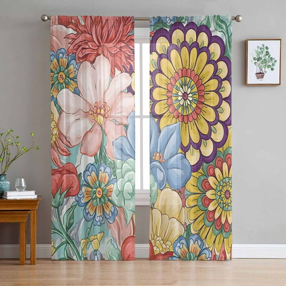Boho Floral Semi Sheer Curtains 63 Inch Length 2 Panels Set, Bohemia Country Colorful Mandalas Flower Sheer Kitchen Curtain Privacy Voile Window Curtain for Living Room Bedroom Rod Pocket Drapes