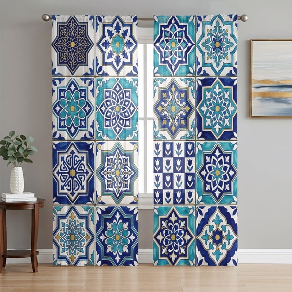 Boho Floral Semi Sheer Curtains 96 Inch Length 2 Panels Set, Southwestern Abstract Patterned Art Sheer Kitchen Curtain Privacy Voile Window Curtain for Living Room Bedroom Rod Pocket Drapes