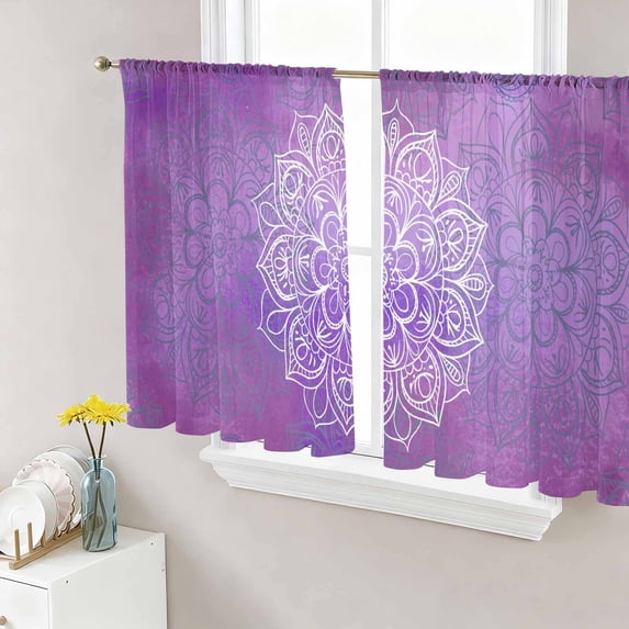 Boho Floral Sheer Curtains 45 Inch Length 2 Panels Set Window Treatments, Purple Flowers Vintage Bohemian Watercolor Rod Pocket Semi Curtains for Living Room/Bedroom/Kitchen Décor, 104"W x 45"L