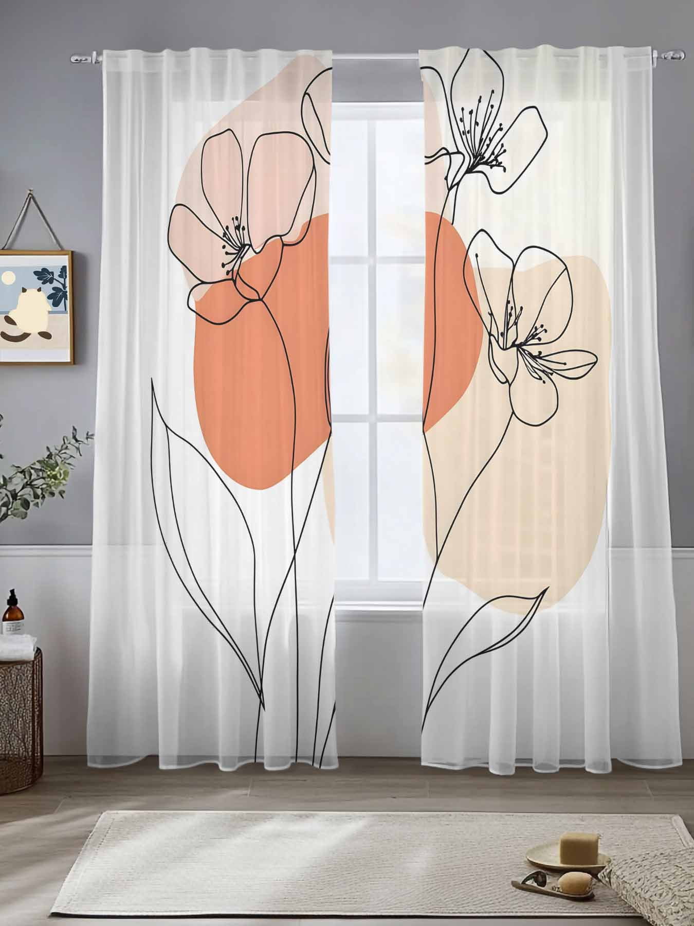 Boho Floral Sheer Curtains for Living Room Bedroom Abstract Art Modern