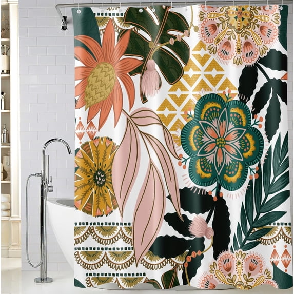 Boho Floral Shower Curtain 72 x 84 Inch, Bohemian Mandala Flower Extra Long Shower Curtain, Waterproof Fabric Leaves Bathroom Shower Curtains
