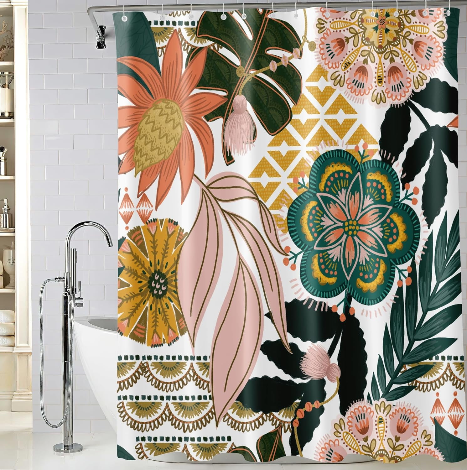 Boho Floral Shower Curtain 72 x 84 Inch, Bohemian Mandala Flower Extra ...