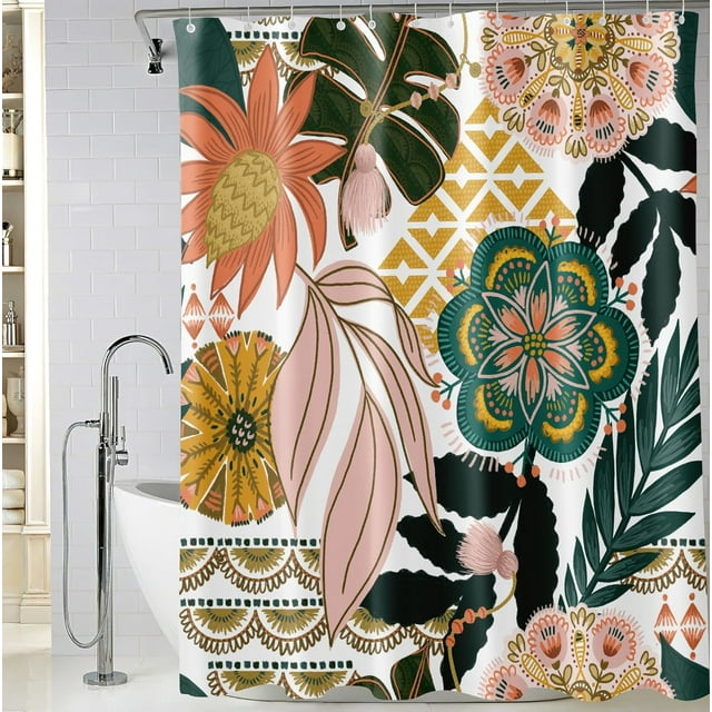 Boho Floral Shower Curtain 72 x 84 Inch, Bohemian Mandala Flower Extra Long Shower Curtain ...