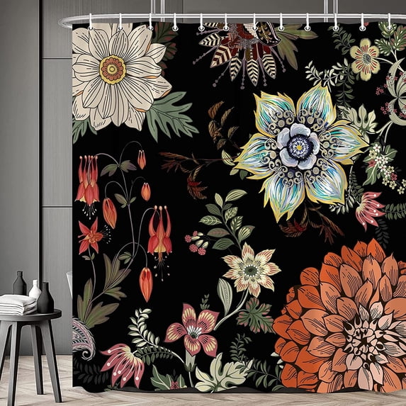 Boho Floral Shower Curtain Abstract Flower Blossom Bathroom Curtains Vintage Botanical Mid Century Modern Bathtub Decor with Hooks 84 x 70 in