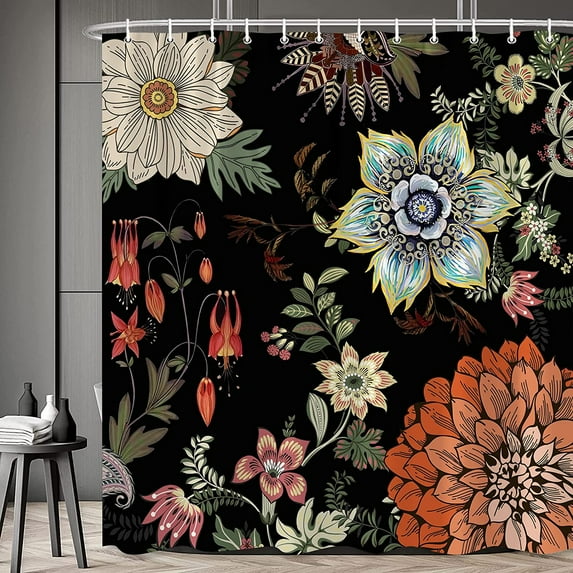 Boho Floral Shower Curtain Abstract Flower Blossom Bathroom Curtains Vintage Botanical Mid Century Modern Bathtub Decor with Hooks 84 x 70 in