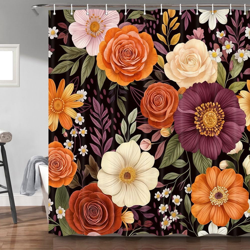 Boho Floral Shower Curtain, Abstract Plant Flower Leaves abric Shower ...