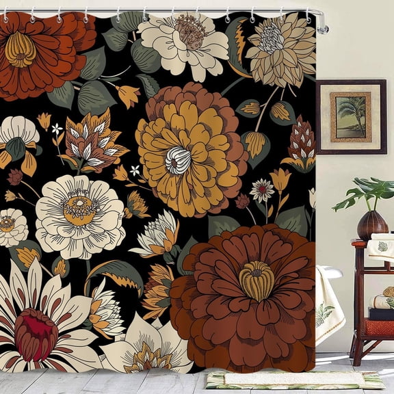 Boho Floral Shower Curtain, Abstract Retro Bohemian Flower Botanical Mid Century Modern Bathroom Curtain Home Decor Waterproof Fabric Machine Washable with 12 PCS Hooks,72" Wx84 L