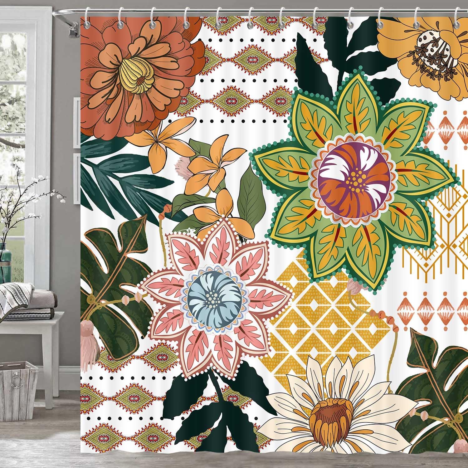 Boho Floral Shower Curtain for Bathroom, Abstract Mid Century Morden ...