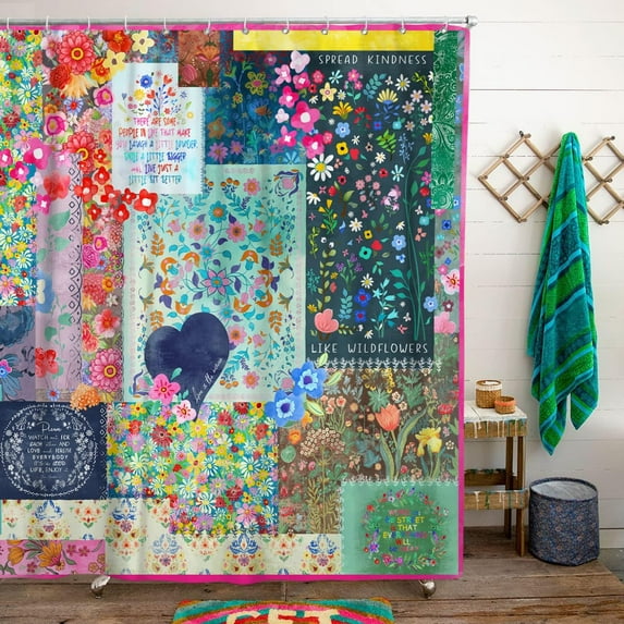 Boho Floral Shower Curtain for Bathroom,Bohemian Flower Spring Summer Wildflower Shower Curtain with Hooks,Polyester Fabric Shower Curtains Machine Washable Waterproof Bath Decor 84"Lx72"W