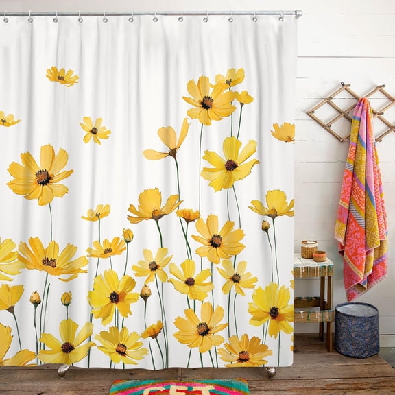 Boho Floral Shower Curtain for Bathroom,Spring Summer Daisy Bee Yellow Flower Shower Curtain with Hooks,Nature Polyester Fabric Shower Curtains Machine Washable Waterproof Bath Decor 72" x 72"