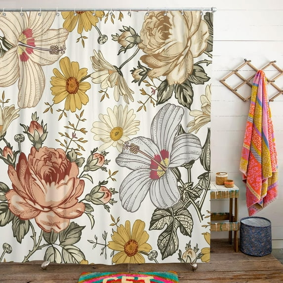 Boho Floral Shower Curtain for Bathroom,Spring Summer Multicolor Peony Daisy Lily Shower Curtain with Hooks,Nature Polyester Fabric Shower Curtains Machine Washable Waterproof Bath Decor 72" x 72"