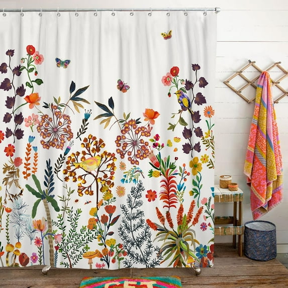 Boho Floral Shower Curtain for Bathroom,Spring Summer Vintage Wildflower Butterfly Shower Curtain with Hooks,Polyester Fabric Shower Curtains Machine Washable Waterproof Bath Decor 72" x 72"