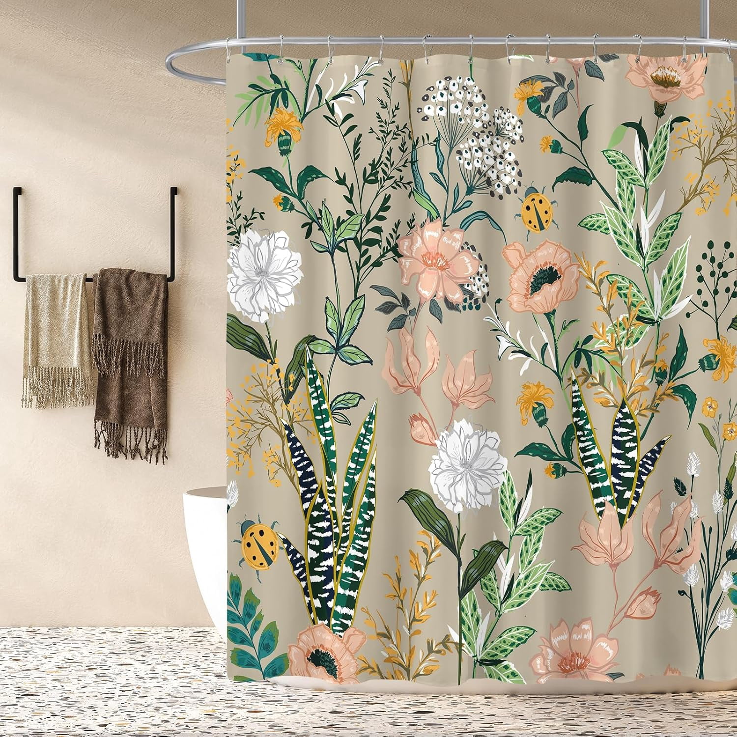 Boho Floral Shower Curtain, Beige Pink Flower Tropical Leaves Plant