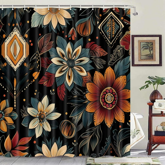 Boho Floral Shower Curtain with Hooks | Black Abstract Botanical Pattern in Mid-Century Modern Style, Waterproof 69x72 Inches