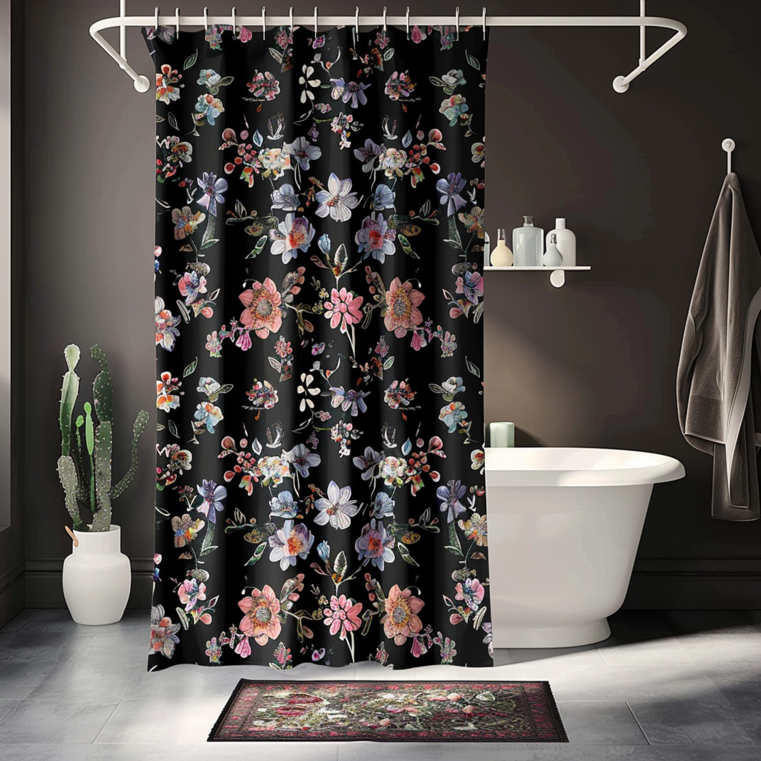 Boho Floral Shower Curtain Black & Pastel Bohemian Design High Quality
