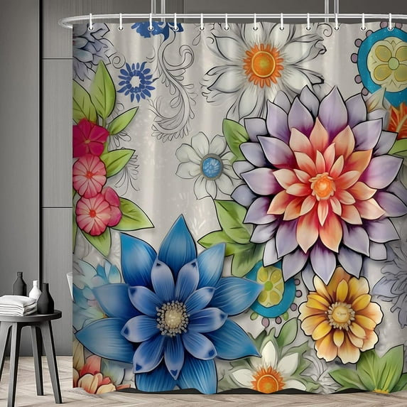Boho Floral Shower Curtain Bright Colorful Blossom Mandala Flower Bathroom Curtains Beautiful Vintage Garden Nature Botanical Bathtub Decor Include Hooks 84 x 70 in