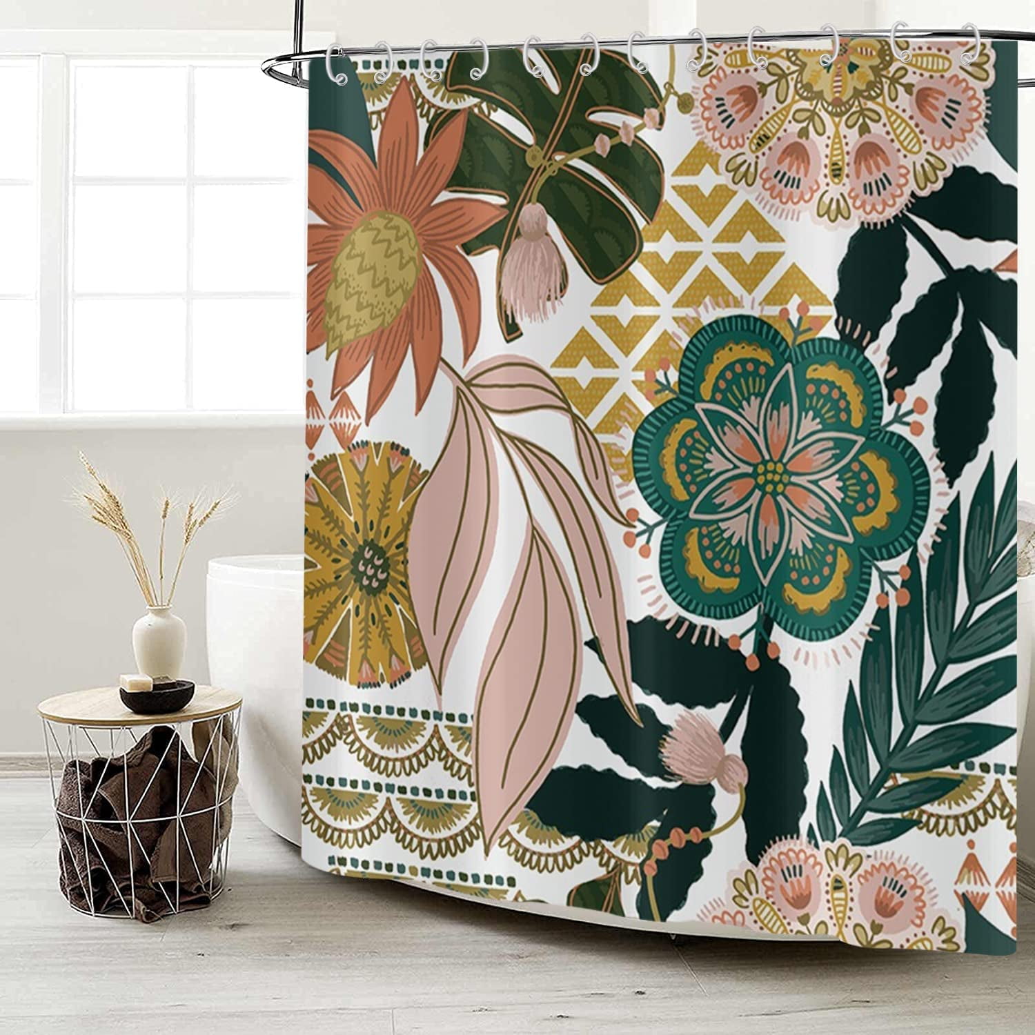 Boho Floral Shower Curtain, Colorful Bohemian Abstract Flowers Tropical Leaves Bathroom Curtain ...