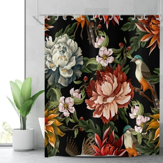 Boho Floral Shower Curtain Colorful Bohemian Flower Botanical Leaves Bathroom Curtain with Hooks Black Floral Bath Curtains Waterproof Polyester Fabric Washable 72Wx84L