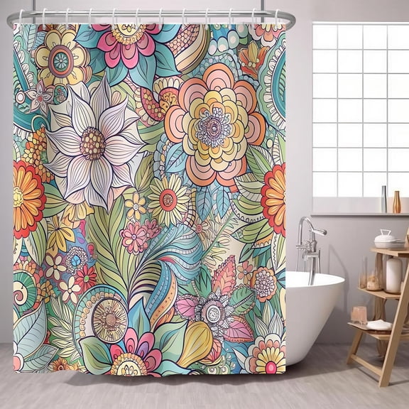 Boho Floral Shower Curtain Colorful Bohemian Mandala Flower,Abstract Botanical Bright Botanical Fabric Shower Curtains Bathroom Accessories-72"W x 86"L (Pack of 1)