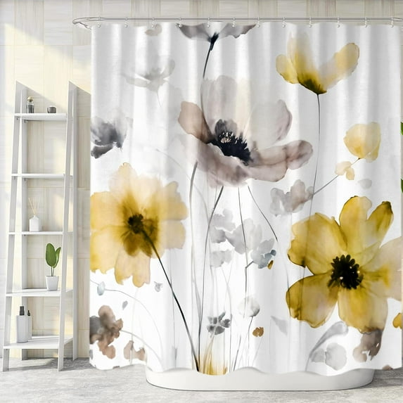Boho Floral Shower Curtain, Cream Tan Beige Yellow Grey White Flower Farmhouse Fabric Shower Curtains Set for Bathroom Decorative with Hooks Spring Bath Decor 54"W x 78"L (Pack of 1)
