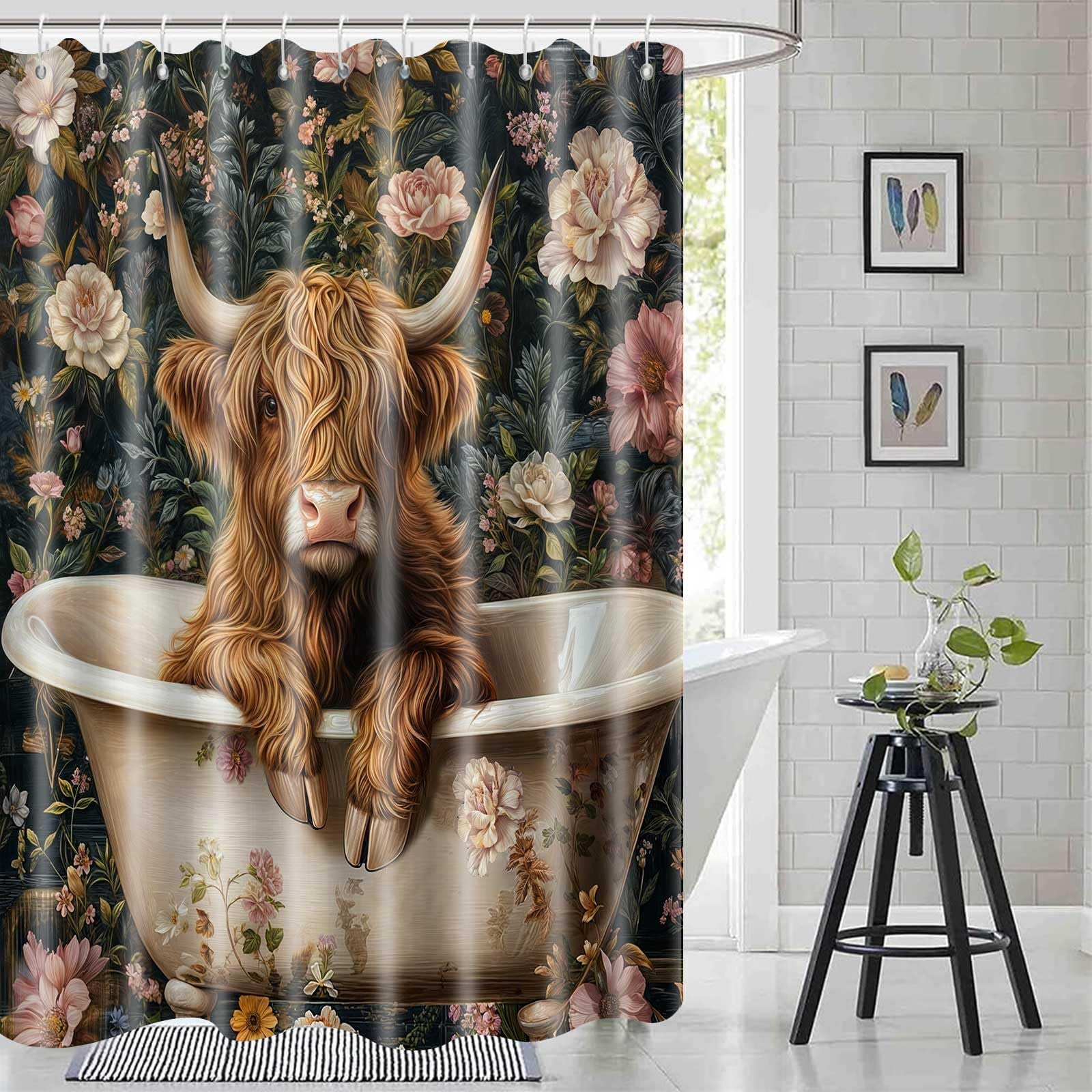 Boho Floral Shower Curtain, Cute Cow Farmhouse Shower Curtain,Tropical ...