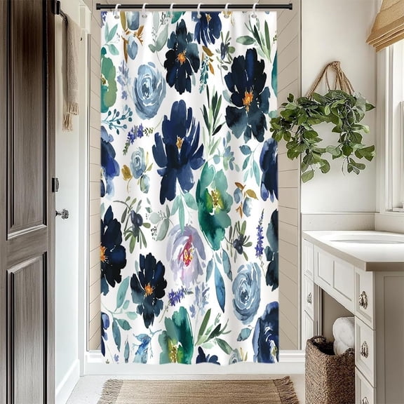 Boho Floral Shower Curtain Dark Blue Flowers Bathroom Decor Set Colorful Rustic Farmhouse Bathtub Curtain Abstract Plant Flower Bath Curtains Washable Waterproof Polyester Fabric with Hooks 36x72