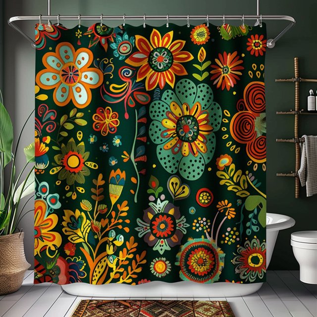 Boho Floral Shower Curtain Dark Green Background Flower Design Bathroom