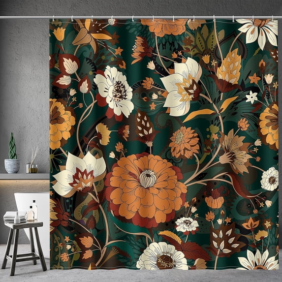 Boho Floral Shower Curtain - Dark Green Bohemian Chic Flowers Botanical Leaves Bath Shower Curtain Set with 12 Hooks for Adults Bathroom Decor Accessories, 72"x72"