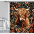 thumbnail image 1 of Boho Floral Shower Curtain, Funny Highland Cow Shower Curtains , Rustic Orange Hued Vintage Flower Blossom Bathroom Curtain, Bohemian Abstract Waterproof Fabric Bath Accessories with Hooks 70X75IN, 1 of 2