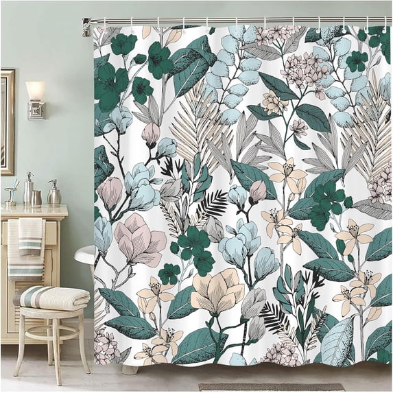 Boho Floral Shower Curtain Green Flower Leaves Funny Shower Curtains for Bathroom Washable Waterproof Fabric Shower Curtain Set with Hooks Botanical Cute Spring Bathroom Decor (72x72,Green)
