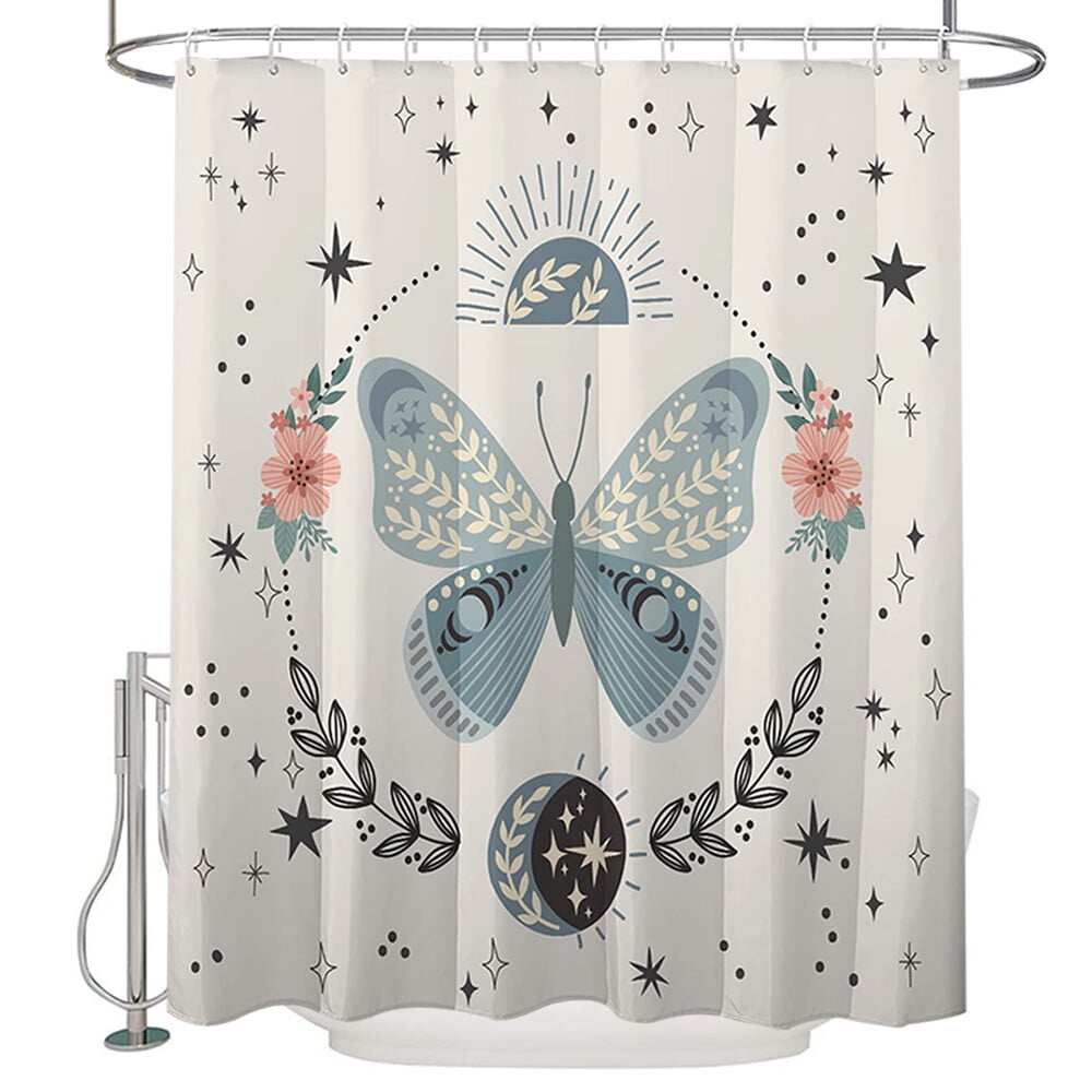 Boho Floral Shower Curtain Liner Set with Hooks, Watercolor Botanical