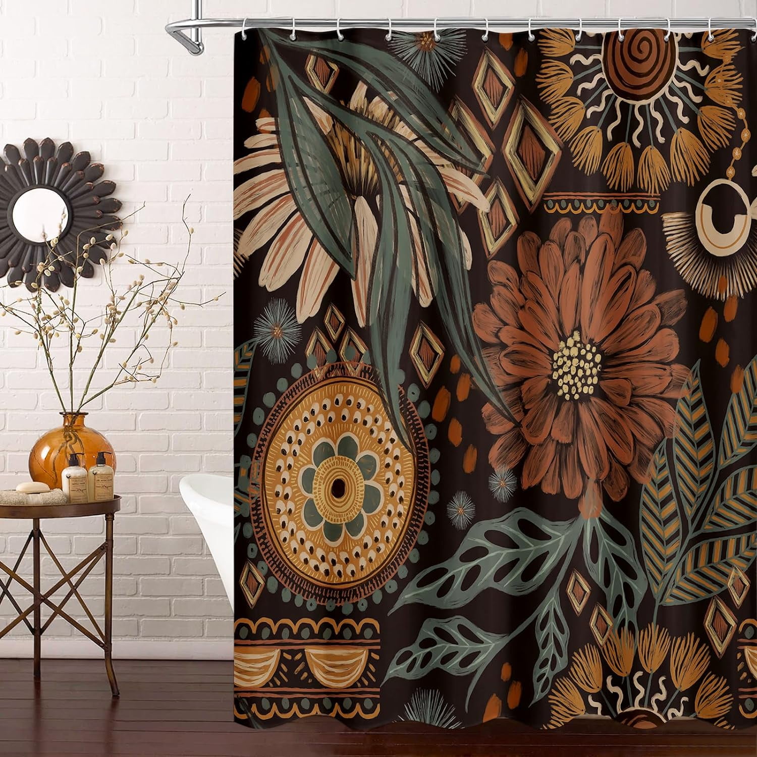 Boho Floral Shower Curtain, Modern Flower Shower Curtain for Rustic