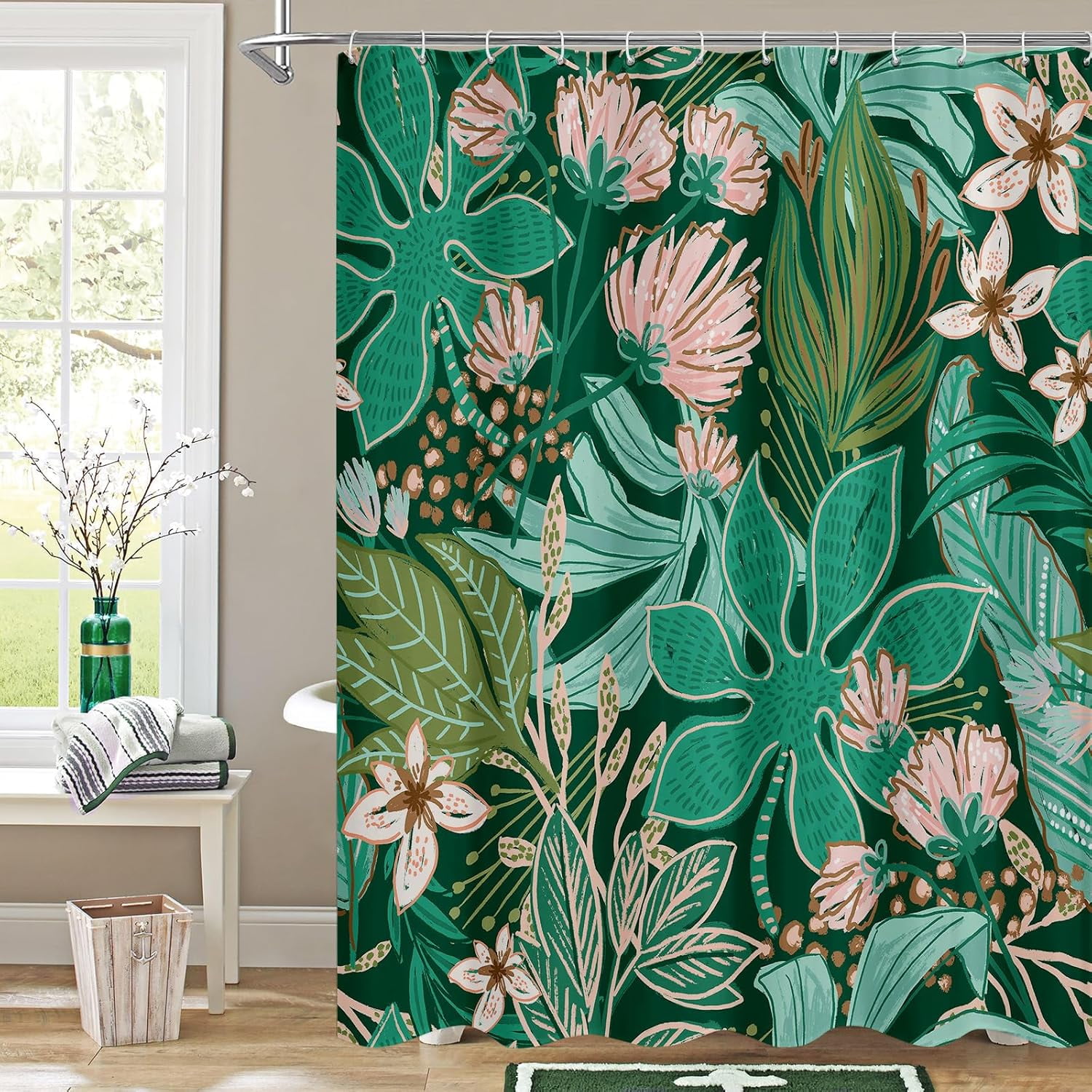 Boho Floral Shower Curtain, Modern Flower Shower Curtains for Rustic Vintage Bathroom Decor, Chic Elegant Fabric Cloth Shower Curtain, Abstract Tropical Leaves, 72x72