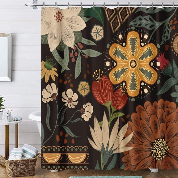 Boho Floral Shower Curtain Modern Mid Century Fabric Cloth Shower Curtains for Bathroom Decor Waterproof Floral Bathroom Shower Curtain Set with Hooks, 72x72 Inch