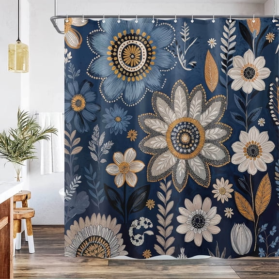 Boho Floral Shower Curtain Navy Blue Vintage Flower Print Bohemian Bathroom Decor