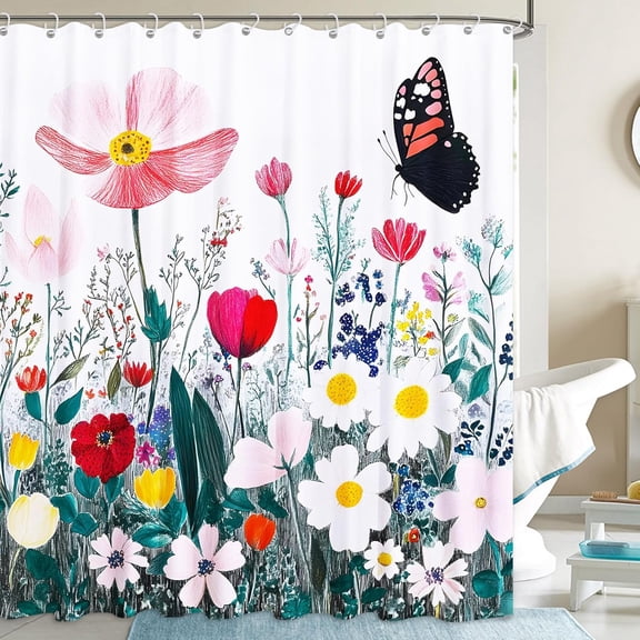 Boho Floral Shower Curtain, Pink Flower Wildflower Plants Butterfly Printed Shower Curtain for Bathroom, Pretty Polyester Fabric Waterproof Bath Curtain with Hooks 36"W x 72"L (Pack of 1)