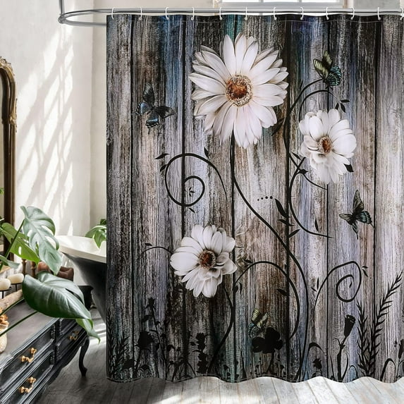 Boho Floral Shower Curtain Set with Hooks, Tropical Leaves Fabric Cloth Shower Curtains for Rustic Vintage Bathroom Decor, Colorful Flower Shower Curtain, 72x72