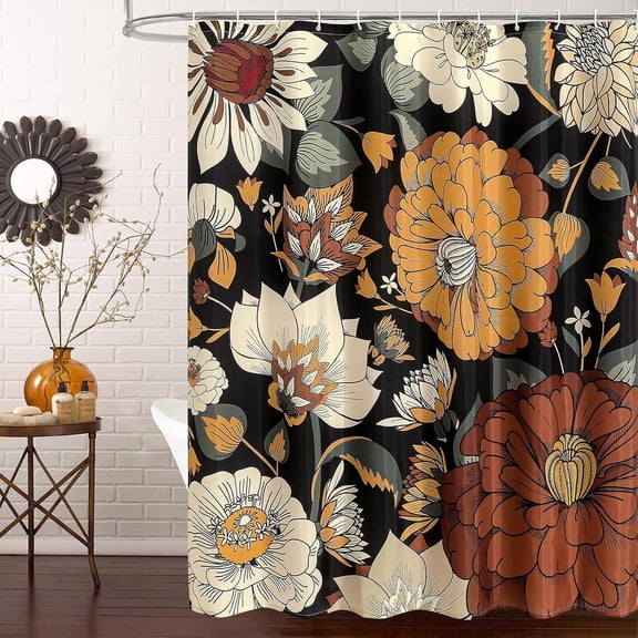 Boho Floral Shower Curtain Set with Hooks, Tropical Leaves Fabric Cloth Shower Curtains for Rustic Vintage Bathroom Decor, Colorful Flower Shower Curtain, 72x72