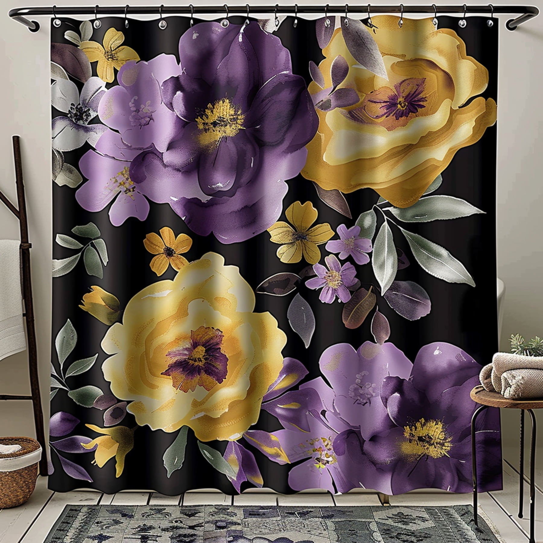 Boho Floral Shower Curtain Set Purple & Yellow Watercolor Flowers on
