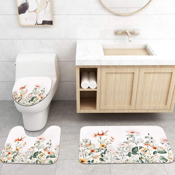 Boho Floral Shower Curtain Sets Non-Slip Rug Toilet Cover Bath Mat Colorful Flower Plant Watercolor Waterproof Bathroom Curtains