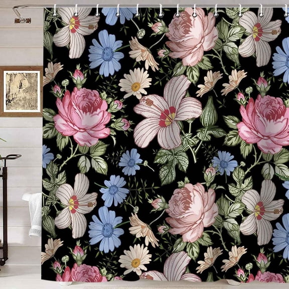 Boho Floral Shower Curtain, Spring Blooming Watercolor Pink Peony Hibiscus Blue Daisy Blossom Plant Nature Vintage Flower Bathroom Decor, Waterproof Fabric Black Shower Curtain, 72 X 72 Inch