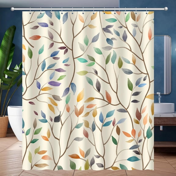 Boho Floral Shower Curtain, Spring Colorful Botanical Flower Leaves Bohemian Yellow Fabric Shower Curtain Set with 12 Hooks, Bathroom Bathtub Accessories Decor Cloth Curtain 84x72 Inches
