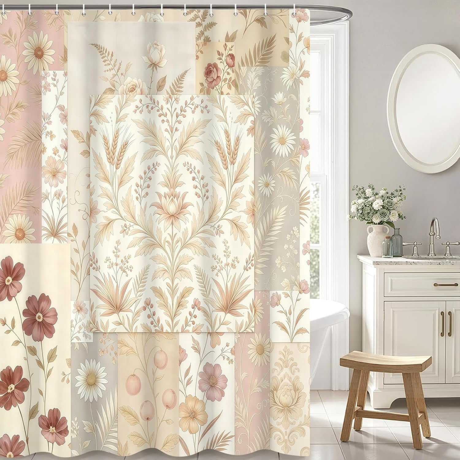 Boho Floral Shower Curtain Vintage Botanical Patchwork Fabric Bathroom