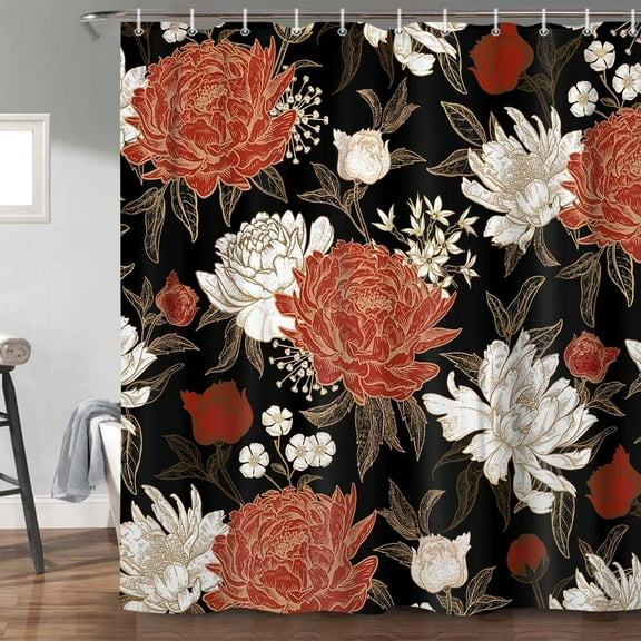 Boho Floral Shower Curtain, Vintage Rose Gold Red Floral Shower Curtain for Bathroom, Black Botanical Aesthetic Boho Floral Fabric Bathroom Decor Shower Curtain, with Hooks, 70X75IN