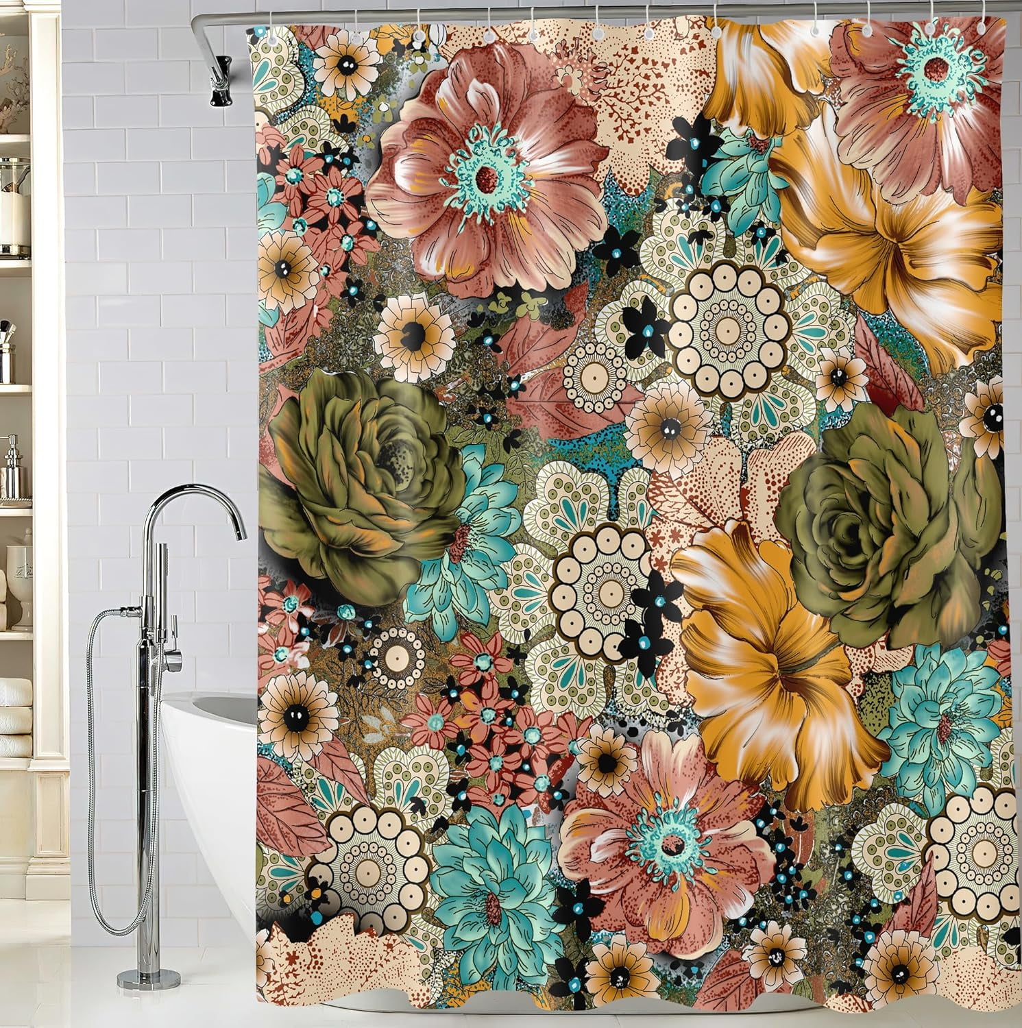 Boho Floral Shower Curtain, Watercolor Boho Chic Flowers Bathroom ...